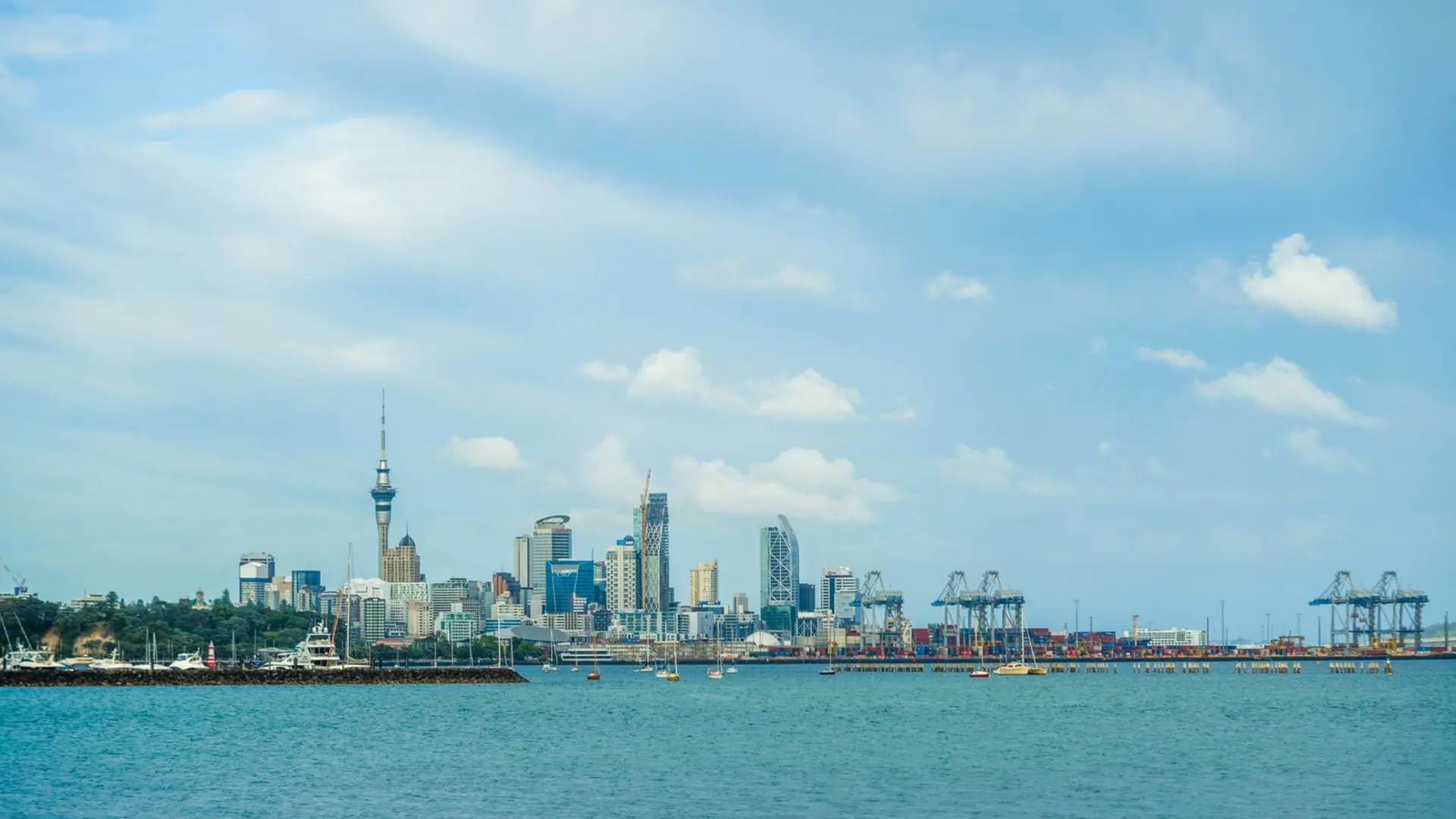 Auckland city skyline and Sky Tower seen across the harbour, New Zealand