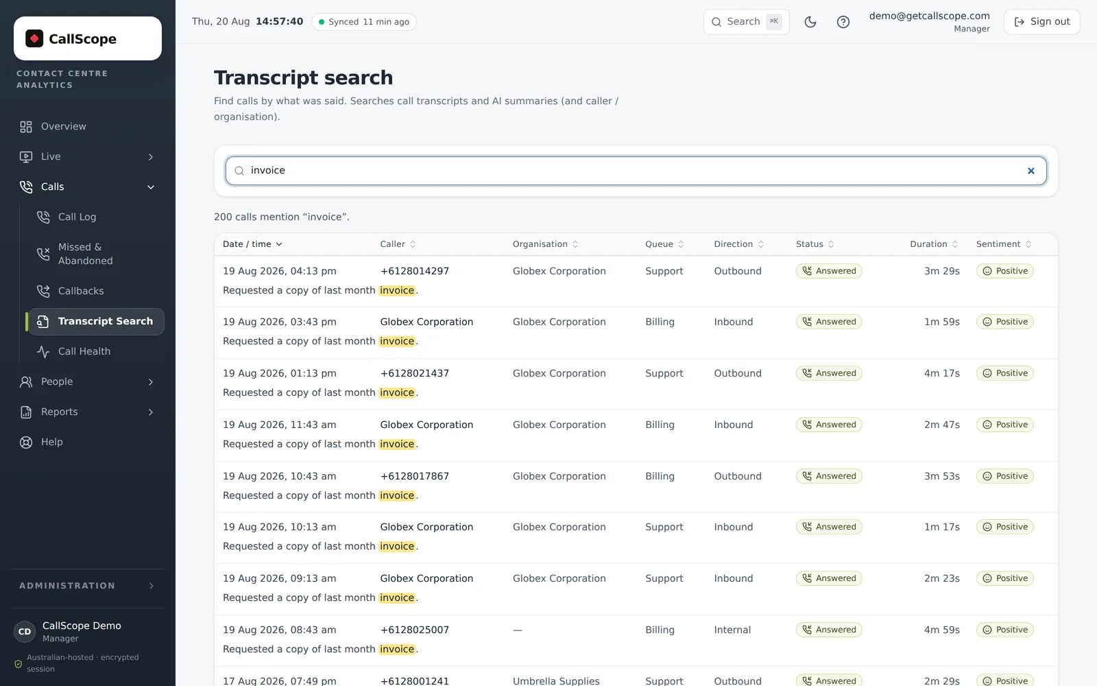 CallScope transcript search results for the word invoice, showing matching calls with caller, organisation, queue, duration and sentiment