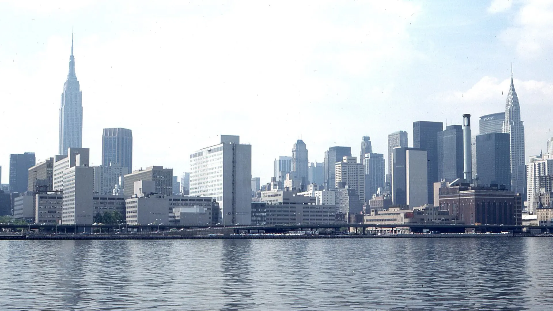 New York City skyline seen across the water on a clear day, United States